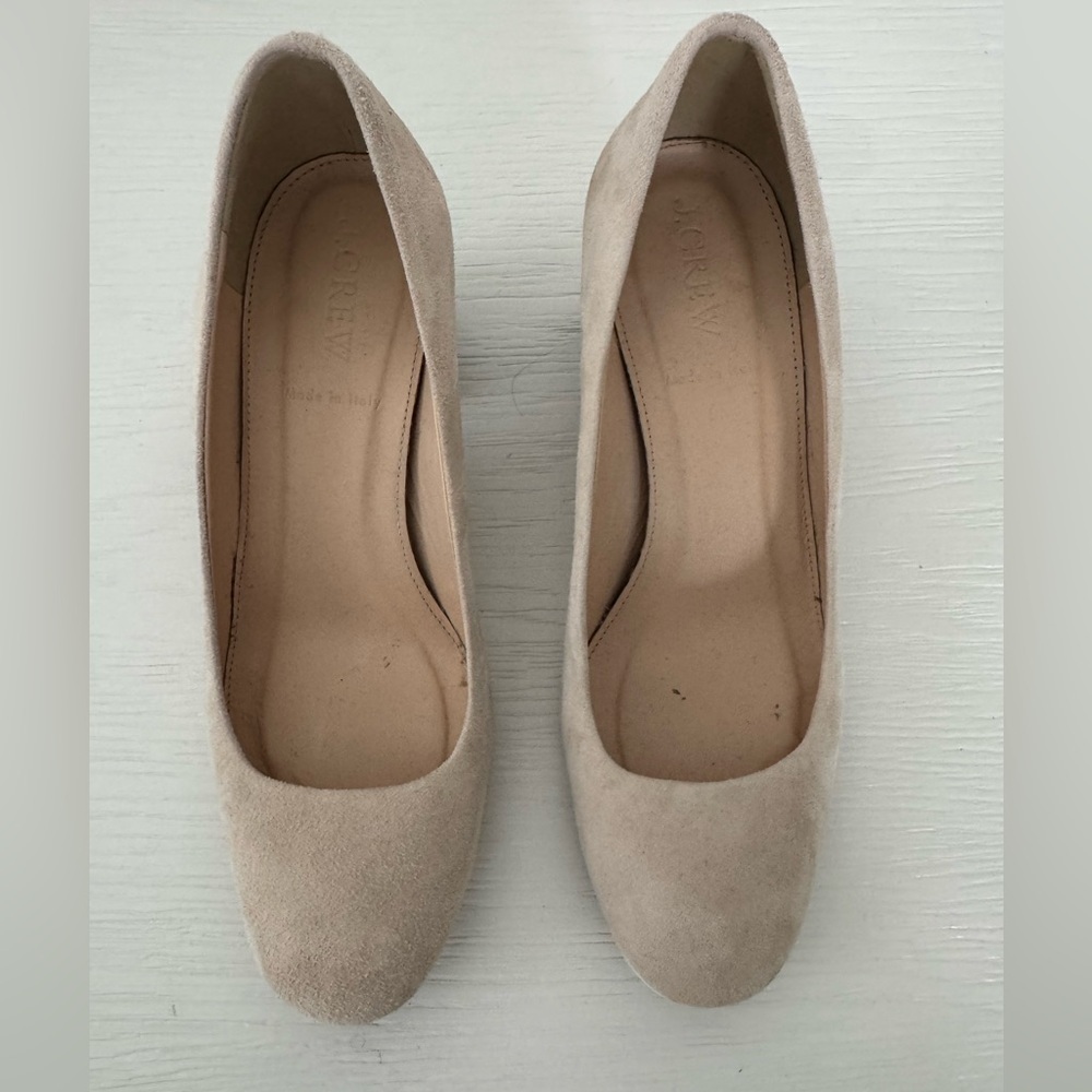 J. Crew Beige Suede Heels with Black Block Heel - Picture 2 of 6